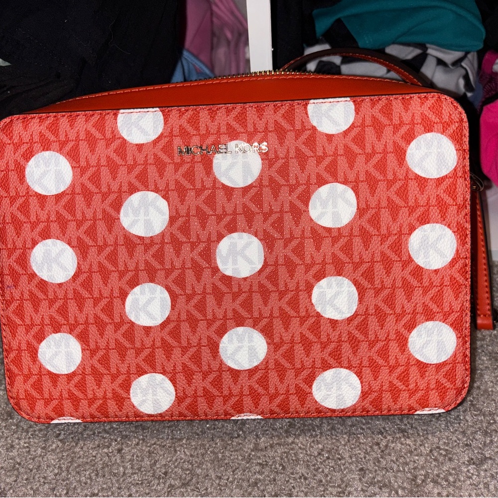 Michael Kors Orange and White Polka Dot Cosmetic Bag